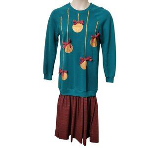 Vintage Wrangler Sweats M Sweatshirt Dress Gold Ornaments Red Plaid Skirt Upcycl